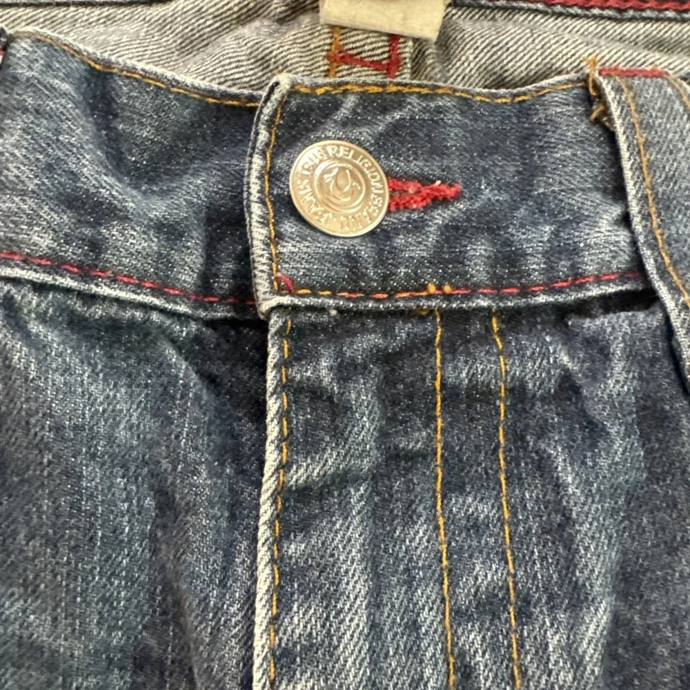True Religion Jeans Mens Sz 40 x 34 Blue Straight Flap Stretch Denim USA Made